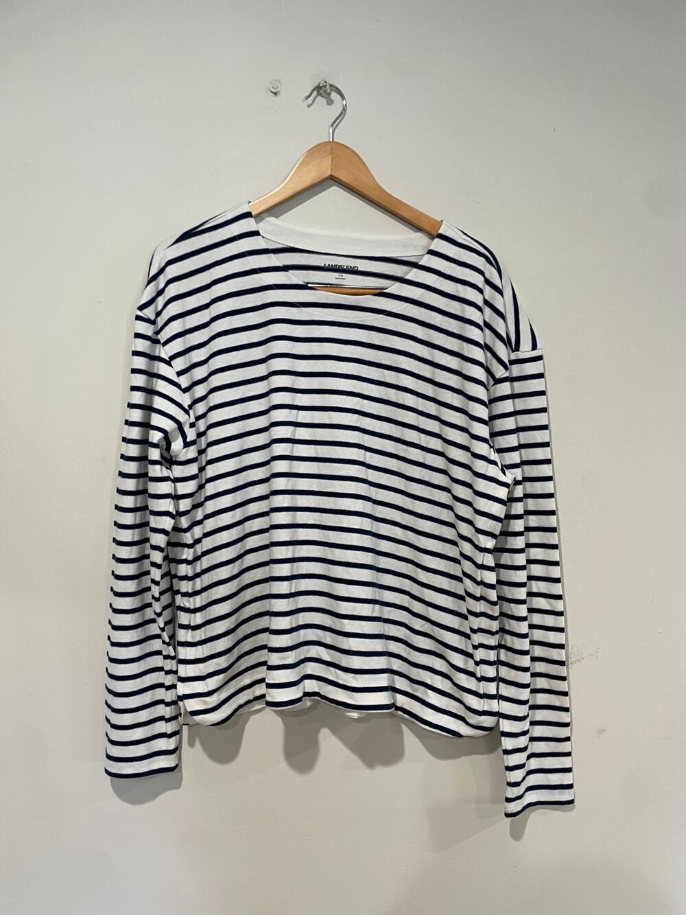 Lands End Striped Long Sleeve T-Shirt White/Navy Blue Women's Size L (14-16)